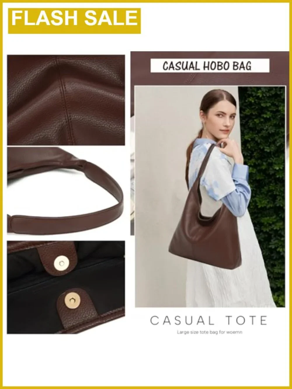 Slouchy Hobo Bag Women Shoulder Tote PU Leather Large Capacity Work Travel
